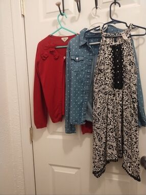 Red Cardigan, Blue Polka Dot Shirt, and Black & White Dress Set